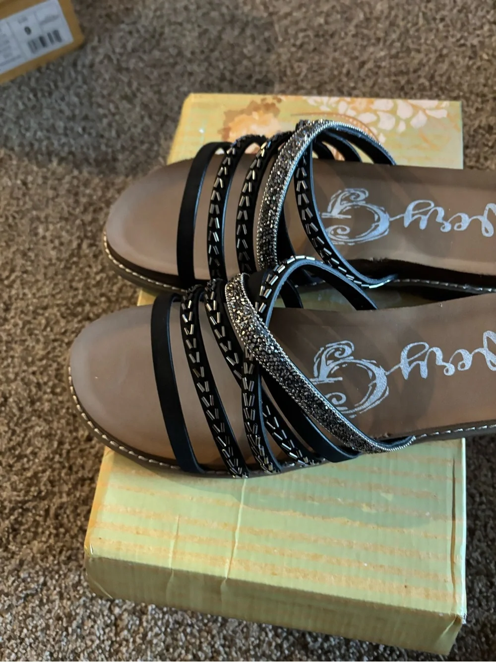 Black Beaded Strappy Slide Sandals - Women 8.5